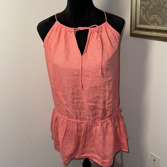 J. Crew Sz XS 100% Linen Boho‎ split collar ties ruffle bottom waist ties Sz XS - Picture 3 of 6